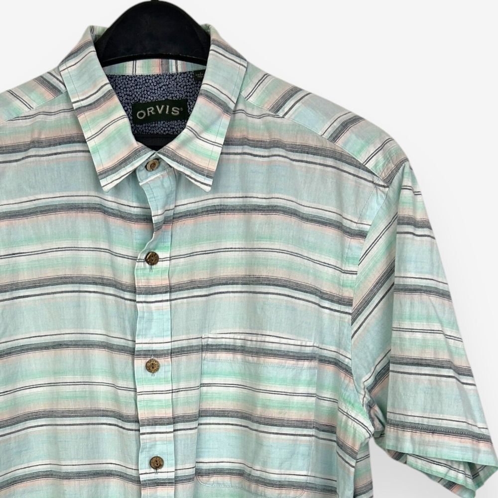 Orvis Mens L Lightweight Cotton Button Up Casual Short Sleeve Shirt Blue Striped